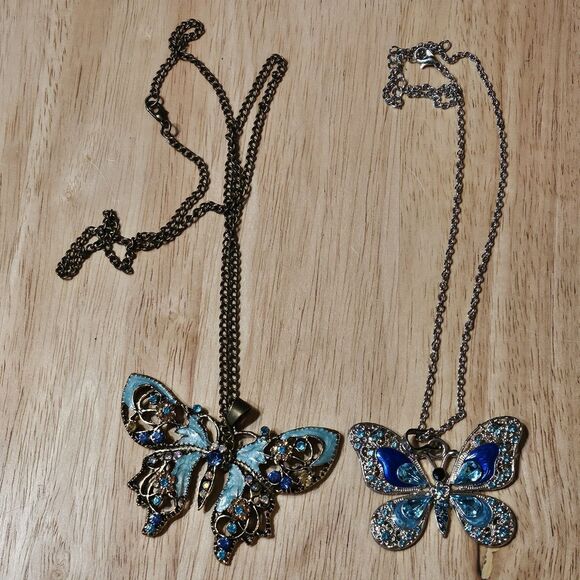 Two Jeweled Butterfly Necklaces 2" & 3" Silver & Gold Plated Vivid Rhinestones - Picture 1 of 5